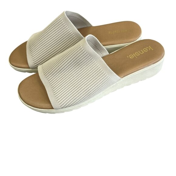 NWOB Kensie Women's 9M Slide Wedge Sandals In Beige Ribbed Textile Knit - Picture 1 of 7
